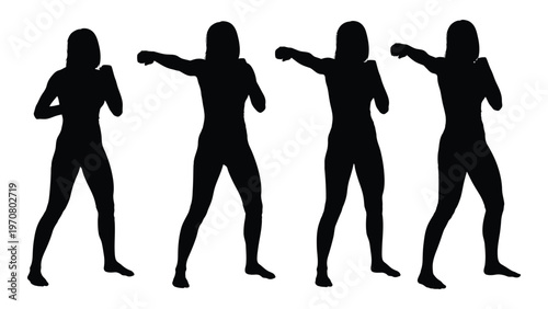 Four silhouettes of women practicing boxing stances against a white background
