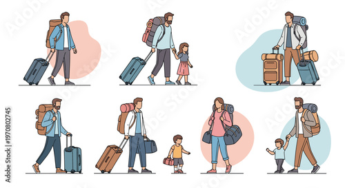 Series of flat vector illustrations showing people of various ages traveling with suitcases, backpacks, and rolling luggage.