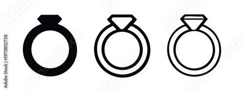 Diamond ring icons set. Elegant engagement or wedding jewelry symbol in different styles on a white background.