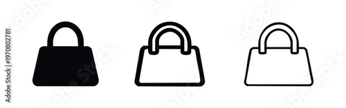 Classic Handbag Icon Set: Women's Purse Symbols with Top Handles in Solid and Outline Styles.