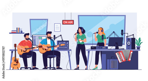 Group of talented musicians performing in a professional recording studio with acoustic guitars, microphones, and equipment.