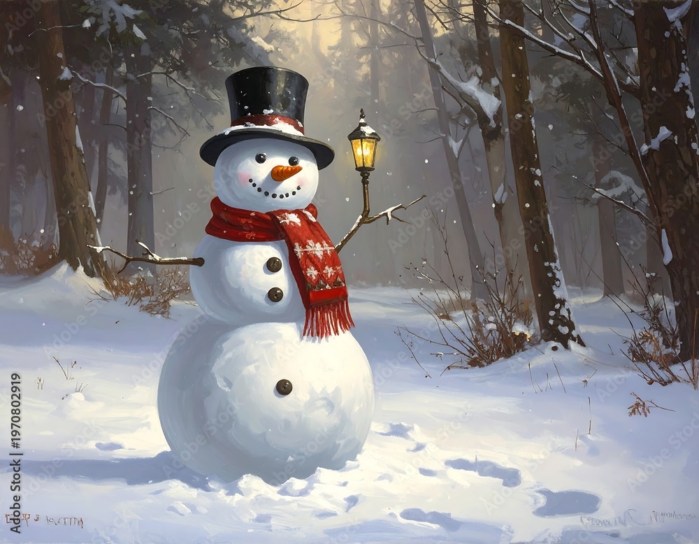 Obraz premium A snowman in a snowy forest with a lantern