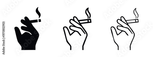 Hand holding cigarette icon set. Smoking symbol in solid and outline style.