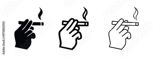 Smoking cigarette in hand icon set. Outline, glyph, and flat vector symbols for addiction, health, and lifestyle concepts.