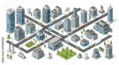 Extensive isometric city landscape featuring many tall skyscrapers, office buildings, busy roads with traffic, and green areas.