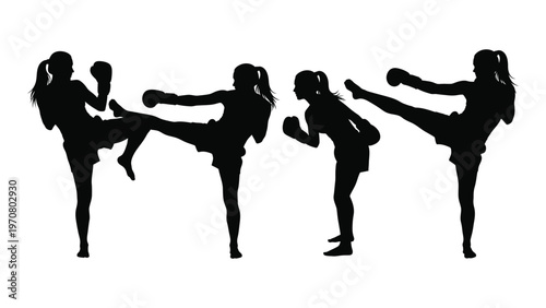 Silhouette series depicting a woman performing a dynamic muay thai kickboxing sequence