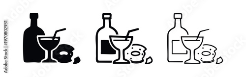 Alcoholic drinks and snacks icon set. Bottle, cocktail glass, and donut in solid and outline style.