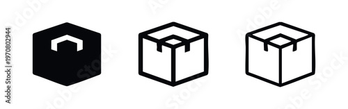 Hexagonal package or container icon set. Abstract box symbols in glyph, outline, and flat vector styles for delivery and storage.