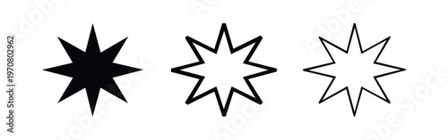 Explosion star burst icon set. Abstract seven-point star glyph, outline, and flat vector symbols for impact, celebration, or comic effects.
