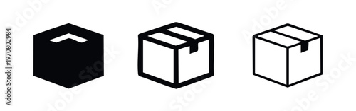 Hexagonal package or box icon set. Abstract container symbols in glyph, outline, and flat vector styles for shipping and logistics.