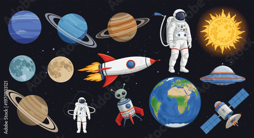 Comprehensive collection of colorful space exploration elements including planets, stars, astronauts, rockets, and UFOs on a dark background.