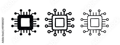 Computer chip icon set. Processor symbol for electronics, data, and digital innovation in solid and outline variants.