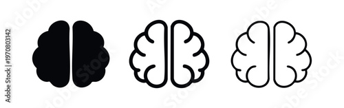 Brain icon set. Anatomy symbol for cognitive function and mental processes in various styles, top view.