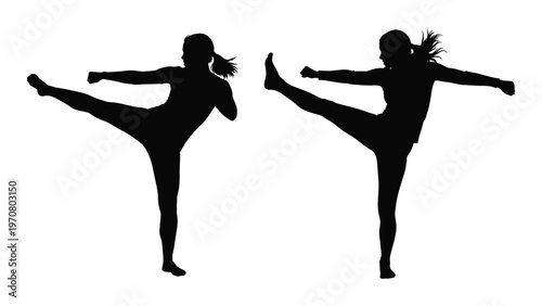 Two silhouettes of women performing high kicks showcasing dynamic martial arts poses