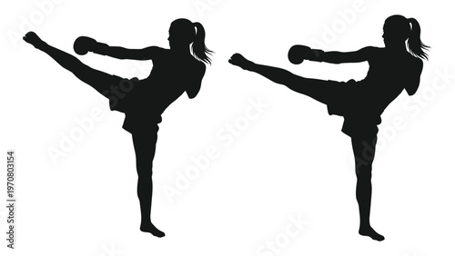 Silhouette of a woman demonstrating a dynamic martial arts kick in two poses