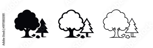 Tree icons set with deciduous and coniferous trees. Nature, forest, and ecology symbols in different styles.