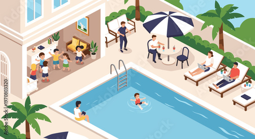 Luxury residential house featuring a large outdoor swimming pool where diverse people are relaxing, swimming, and working remotely on laptops.