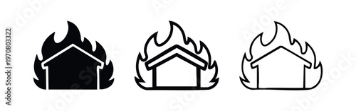 Burning house icon set. Home in flames symbol, depicting emergency, risk, or property damage.