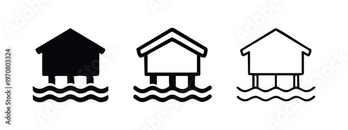 Elevated stilt house icon set. House on water symbol, for flood protection or wetland homes.