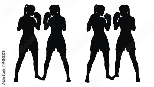 Four silhouettes of female boxers in fighting stances against a white background