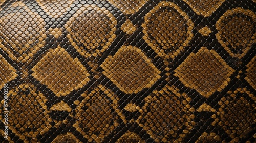 Close up of python snake skin texture with detailed brown and yellow reptile pattern suitable for design and background