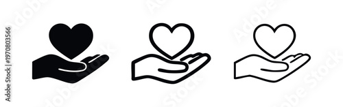 Hand holding heart icon set. Love, care, health, donation, compassion symbol.