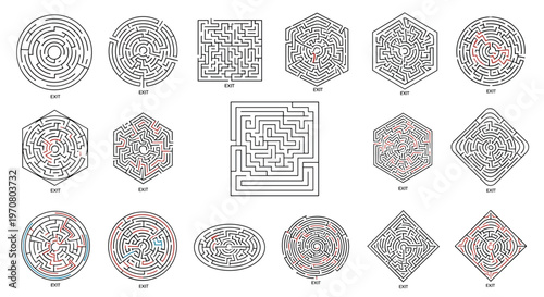 Large set of complex geometric maze puzzles in various shapes like circles and squares with some featuring red solution paths for challenge.