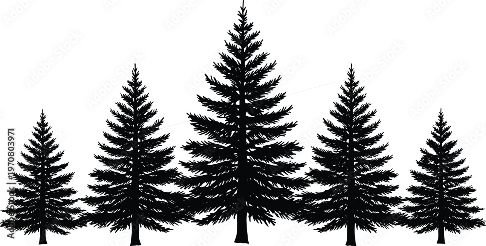 Fototapeta premium Hand Drawn Black Pine Tree Silhouettes Forest Landscape Illustration Set Isolated On White Background For Nature Graphic Design And Print