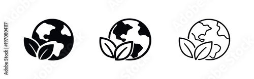 Eco earth with leaves icon set. Environmental awareness, natural resources, and green world symbol.