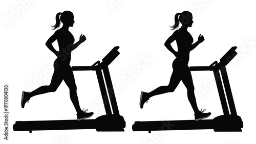 Silhouette of a woman running on a treadmill shown from a side view in duplicate