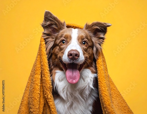 A happy dog with a brown and white coat peeking out from a yellow blanket