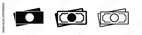 Money bills and banknotes icon set in various styles