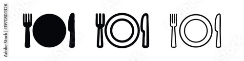 Plate, fork, and knife dinnerware icon set with various styles and solid plate with inner rim