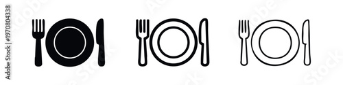 Plate, fork, and knife dinnerware icon set in various styles