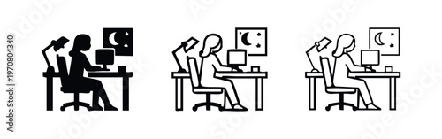 Woman working late night on computer with desk lamp icon set
