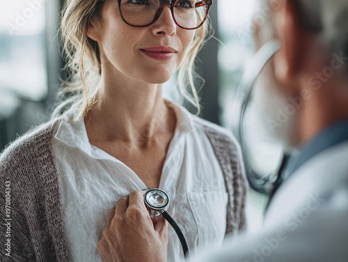 Doctor examining patient with stethoscope in modern clinic natural lighting trust and care realistic healthcare moment