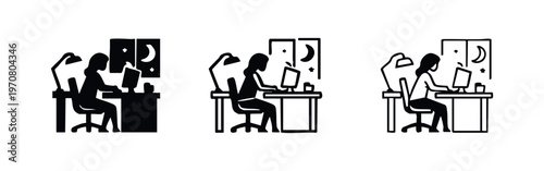 Woman working at night on computer with desk lamp and window view icon set