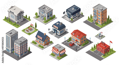 Detailed isometric set of various urban city buildings including bank, police station, post office, fire station, and residential houses.