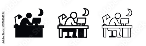 Man working late night on computer with desk lamp and crescent moon icon set