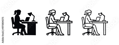 Woman working on laptop with desk lamp icon set in various styles