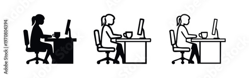 Woman Working at Computer Desk Icon Set. Female Office Worker Symbol in Various Styles.