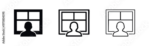 Person Looking Out Window Icon Set. View from Window Silhouette in Various Styles.