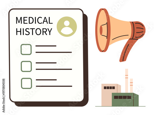 Health awareness, industrial safety, medical records, patient data, public health communication, healthcare systems. Medical history form, megaphone and factory illustration. Health awareness