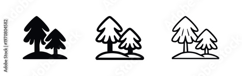 Pine trees on a hill icon set in solid and outline styles, vector illustration isolated on white background.