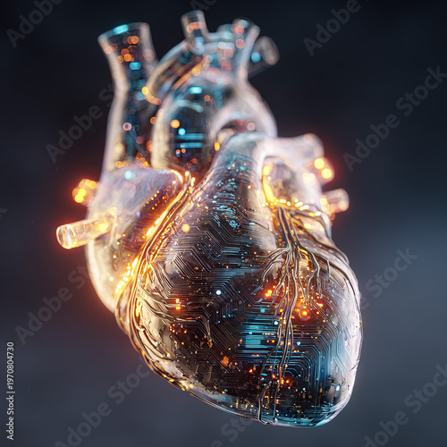 Medical innovation concept glowing heart with digital circuits AI meets human biology visualization 