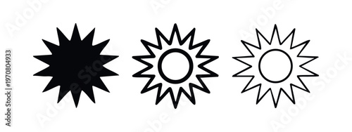 Sun icon set with pointy rays in solid, bold, and thin outline styles, symbolizing summer, light, and heat.