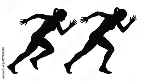 Silhouettes of two women in dynamic running poses facing opposite directions