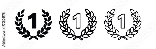 Champion number 1 icon set with laurel wreath in solid, bold, and thin outline styles, representing success and excellence.
