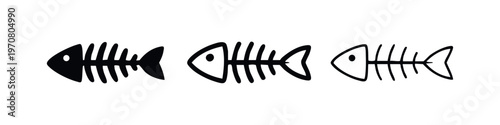 Fish skeleton icon set in solid, bold, and thin outline styles, perfect for marine, death, or Halloween themes.