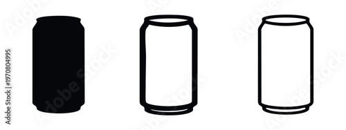 Aluminum can icon set for drinks in solid, bold, and thin outline styles, ideal for soda, beer, or juice.